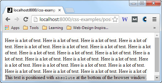 A div element with position:absolute inside a page with more text, with the browser resized