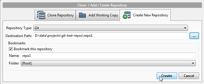 The new repository dialog in SourceTree.