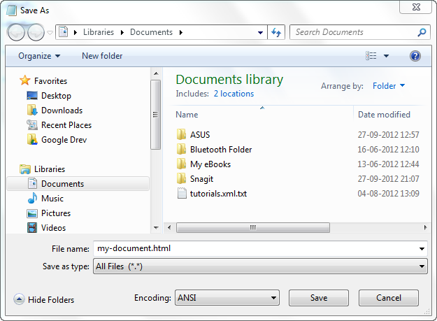 Saving an HTML document from notepad on Windows.
