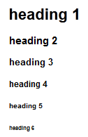 The h1 to h6 heading elements as they look in a browser.