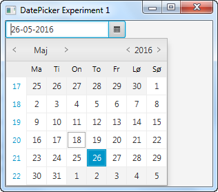 A JavaFX DatePicker displayed in the scene graph of a JavaFX application.