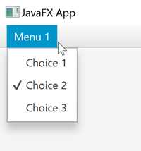 A JavaFX MenuBar with a Menu containing a set of RadioMenuItem instances.